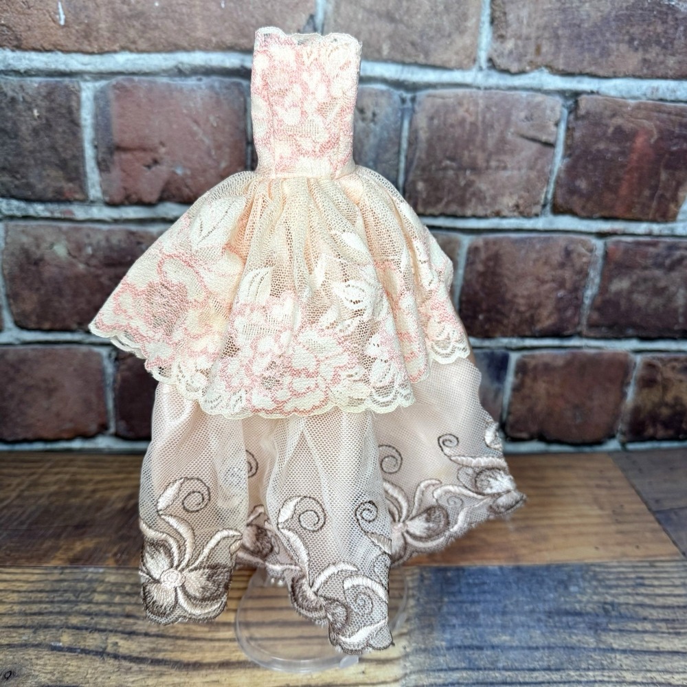 Vintage Barbie Handmade Formal Pink Gown Dress Satin‎ Lace Overlay Tulle